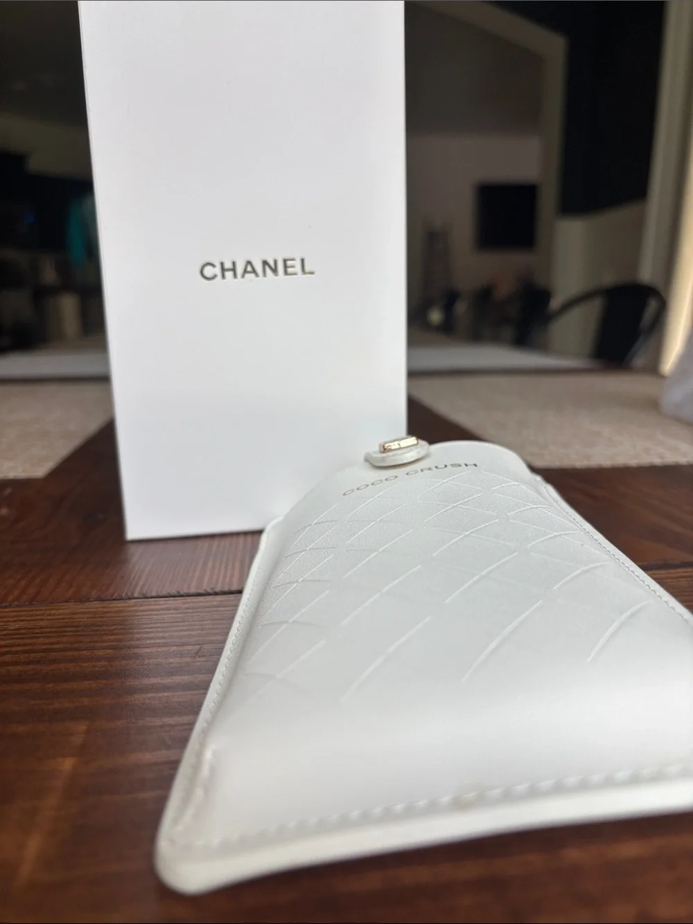 NEW CHANEL White Coco Crush Quilted Leather Phone Sleeve with Gold Accent